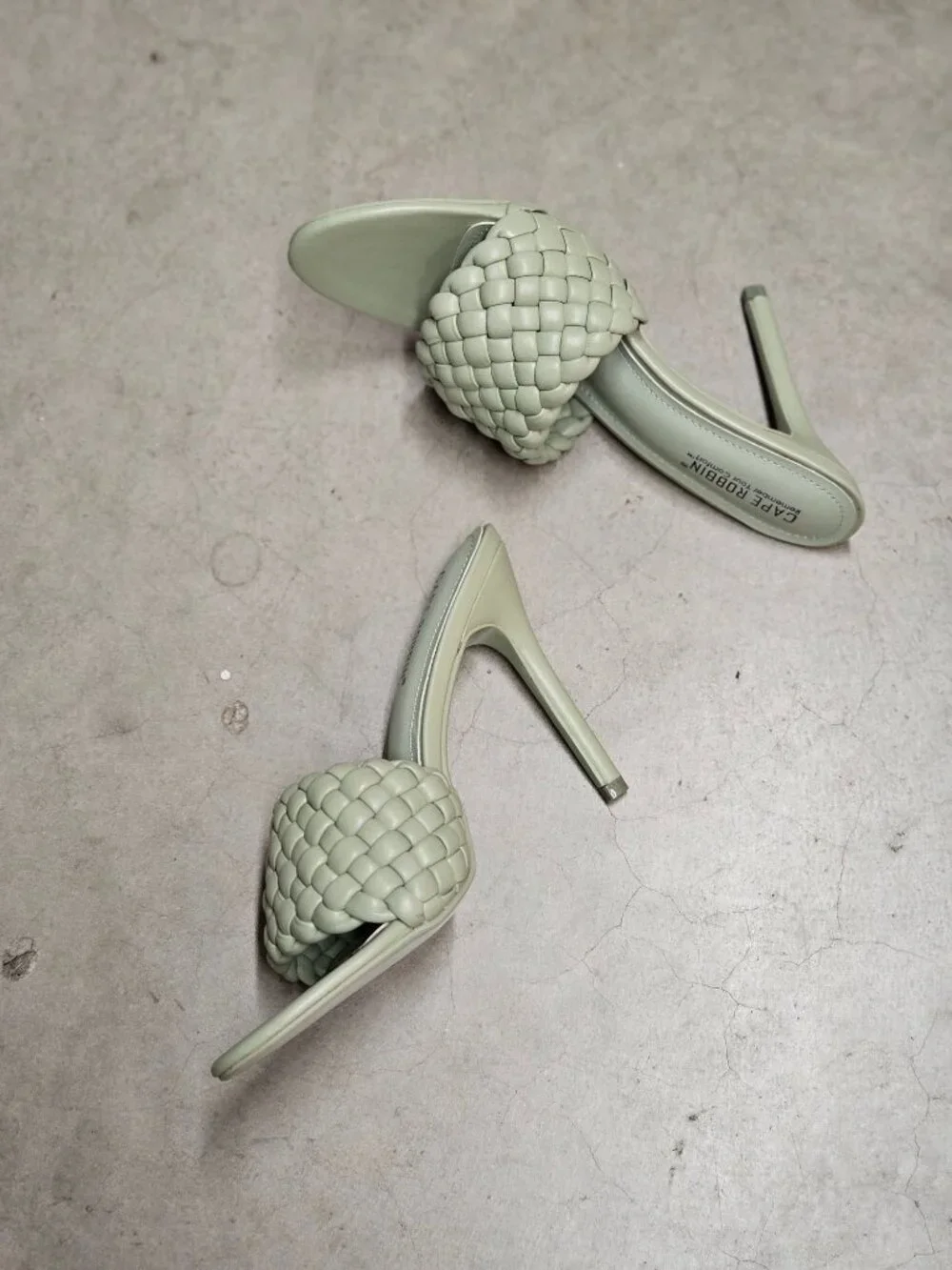 Woven Sage Green High Heel Mules With Padded Straps - Elegant Slip-On Design For